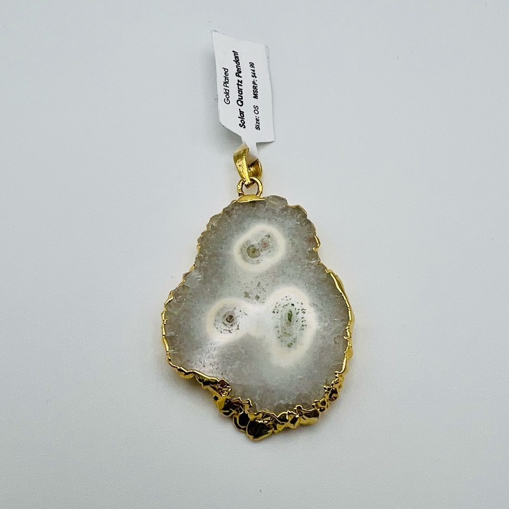 Gold-Trim White Druzy Agate Pendant Necklace